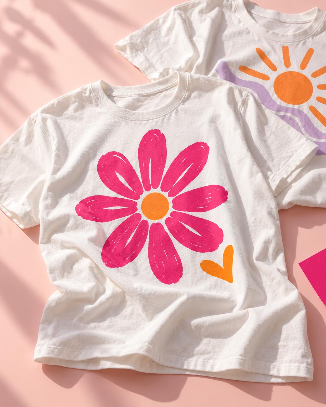 Imagen ilustrativa: remeras blancas con diseños florales fucsia y lilas